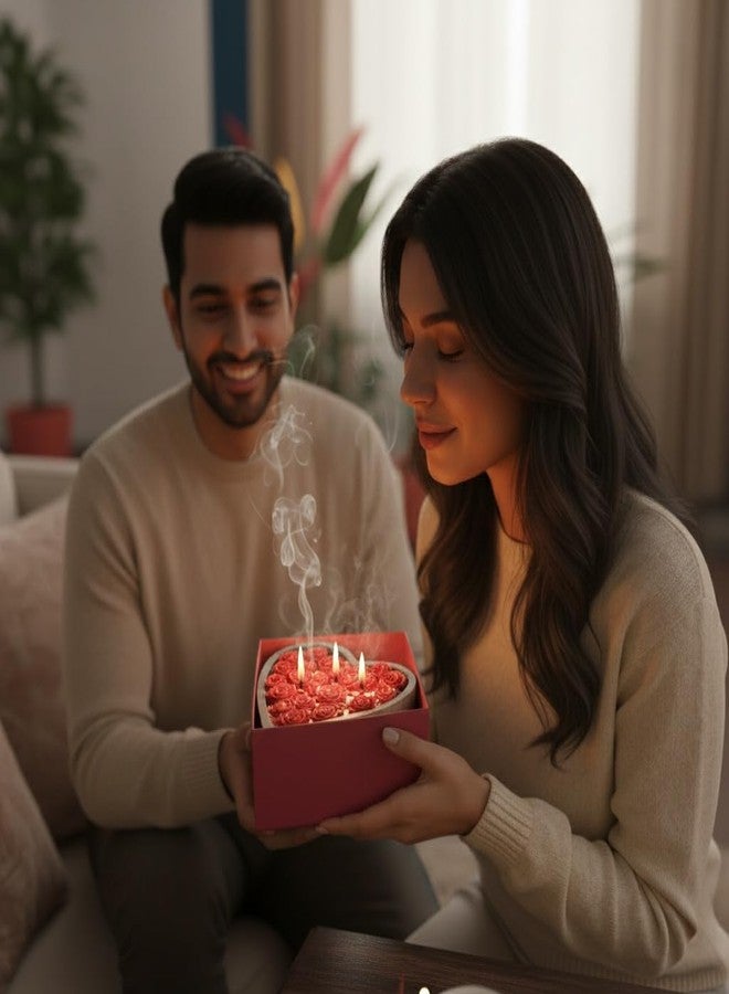 Pink Lotus Decorative Heart-Shaped Wooden Bowl Candle with Red Rose Design and Pearl Accents - Image 5